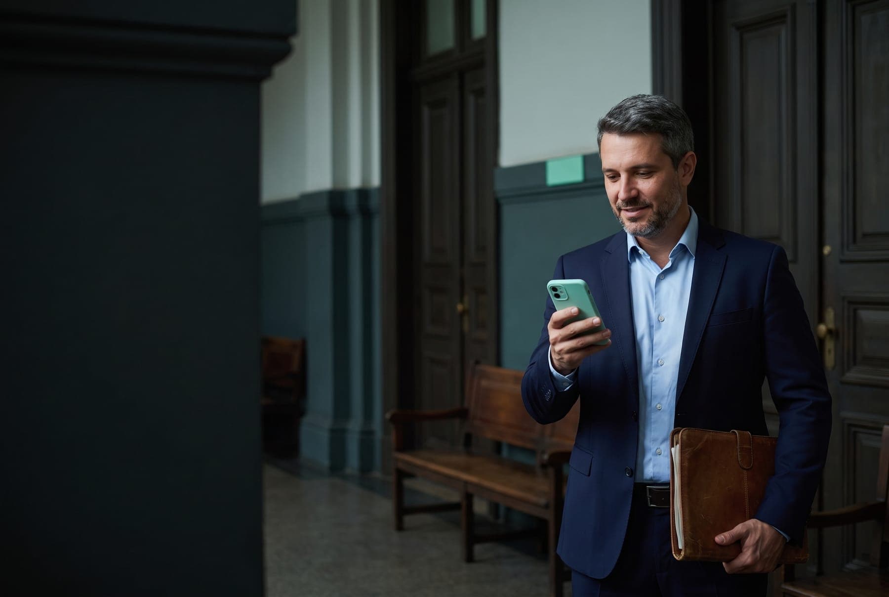 Advogado no corredor do fórum lendo uma mensagem no celular, com uma pasta de processo debaixo do braço